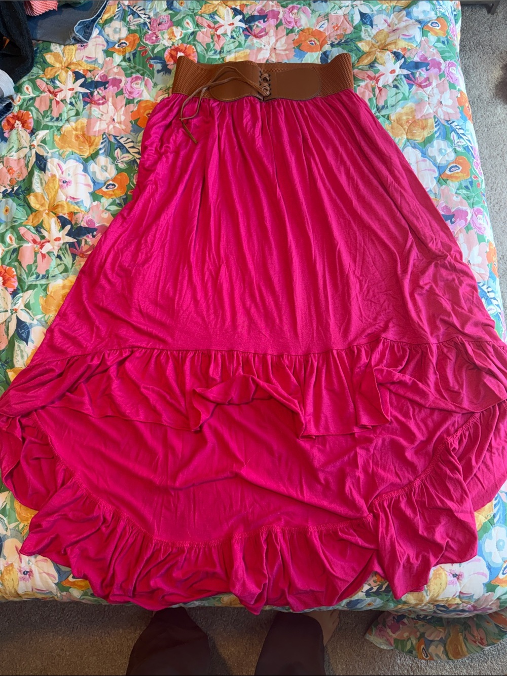 Elan Hot Pink High-Low Ruffle Skirt with Belted Waist